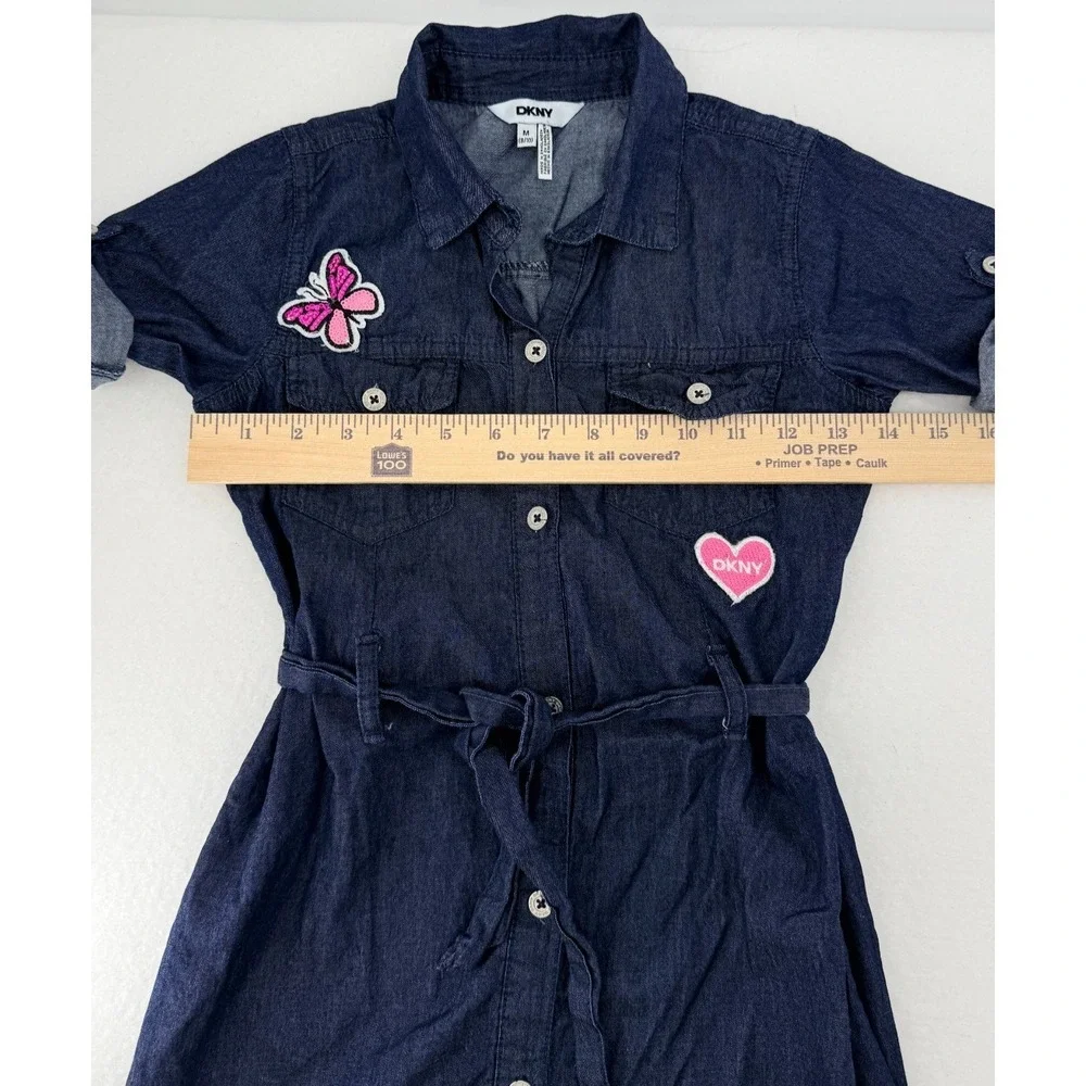 DKNY Girls M‎ 8/10 Denim Shirt Dress Belted Button Front Butterfly Patch